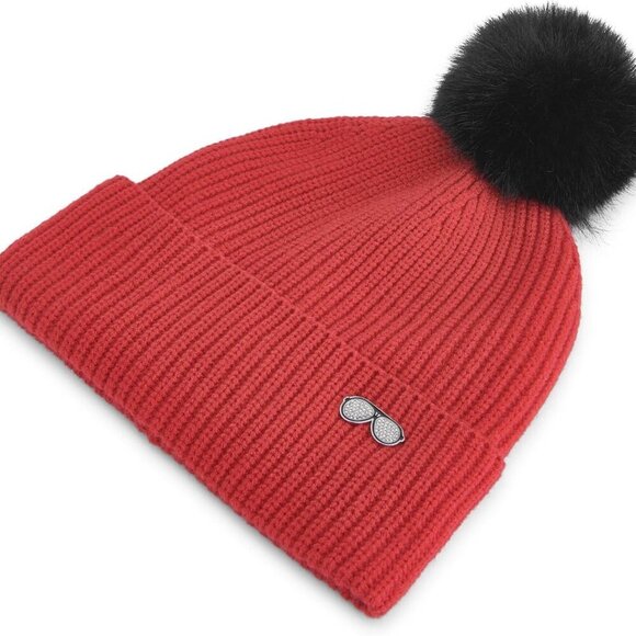 Women's Beanie Ribbed Pom Fur Hat with Sunglasses Pin Cold Weather Casual - Picture 3 of 3